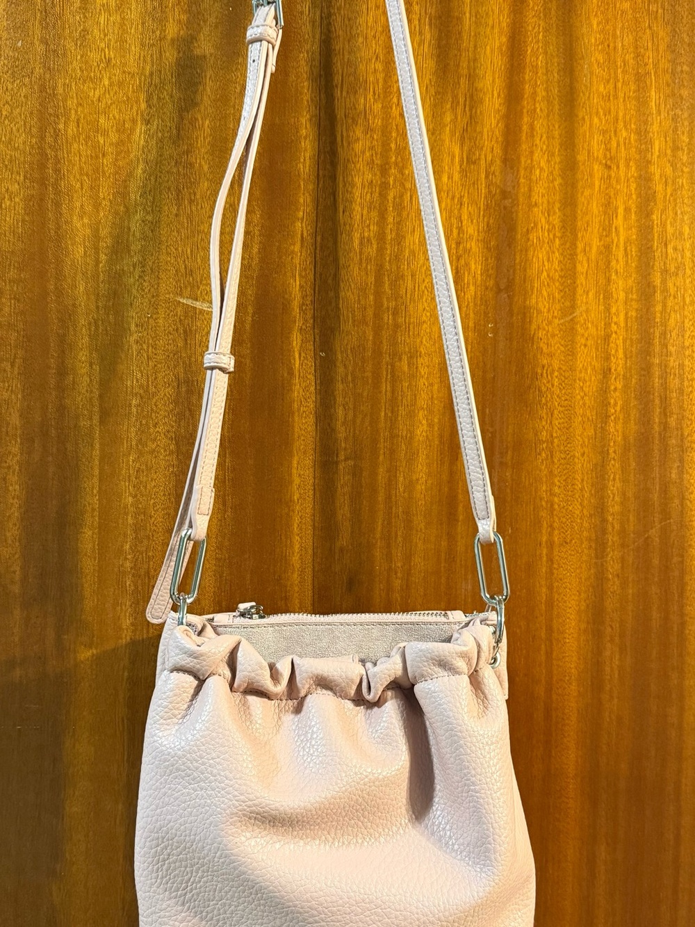 Ruched Pebbled Vegan Leather Crossbody in Blush Pink